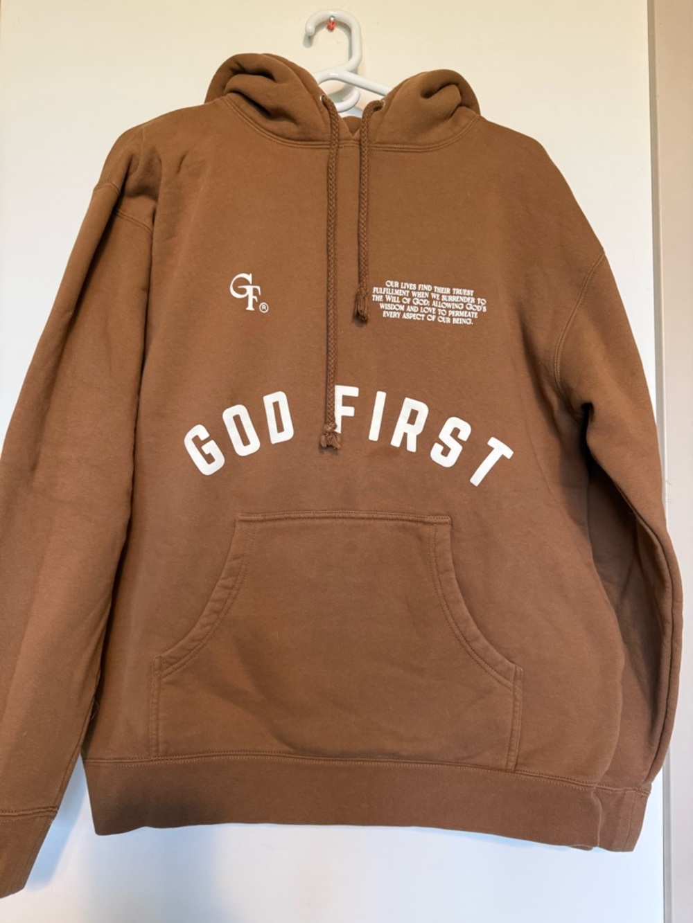 God First Heavy Duty Pull Over Hooded Graphic Print Sweatshirt Caramel Tan Large